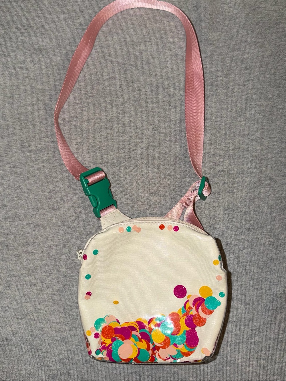 White Confetti Circle Print Crossbody Bag with Pink Strap